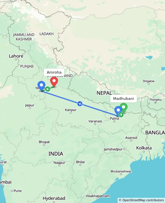 Route map showing distance and travel time from Madhubani, India to Amroha, India