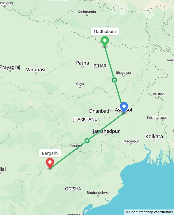 Route map showing distance and travel time from Madhubani, India to Bargarh, India