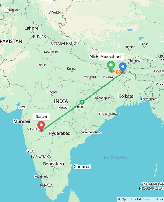 Route map showing distance and travel time from Madhubani, India to Barshi, India