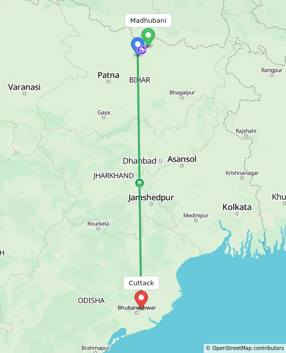 Route map showing distance and travel time from Madhubani, India to Cuttack, India