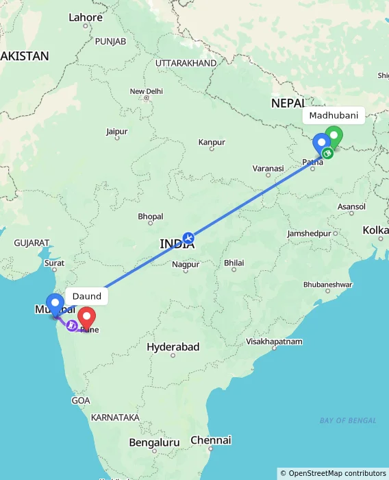 Route map showing distance and travel time from Madhubani, India to Daund, India