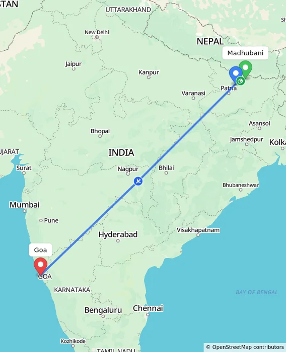 Route map showing distance and travel time from Madhubani, India to Goa, India