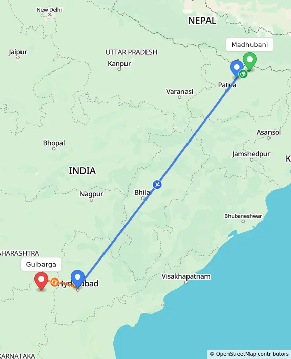 Route map showing distance and travel time from Madhubani, India to Gulbarga, India