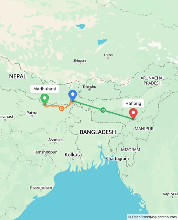 Route map showing distance and travel time from Madhubani, India to Haflong, India