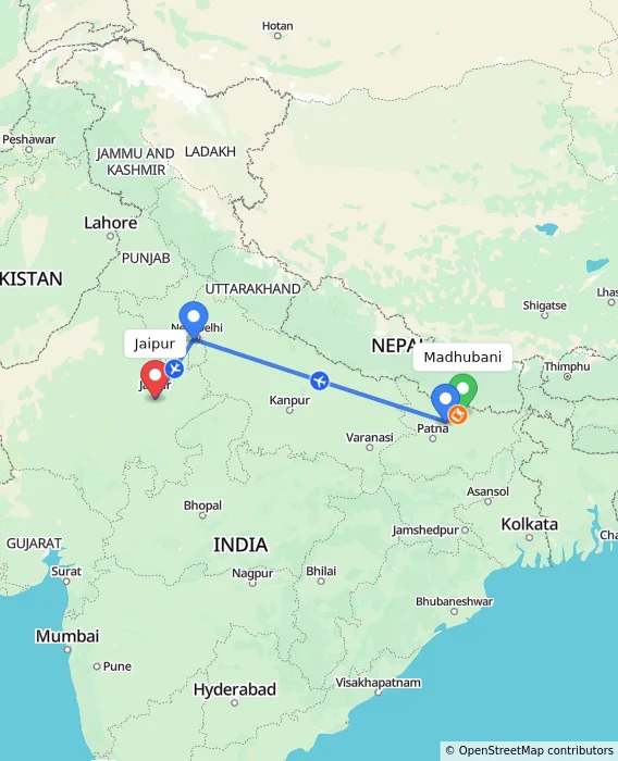 Route map showing distance and travel time from Madhubani, India to Jaipur, India