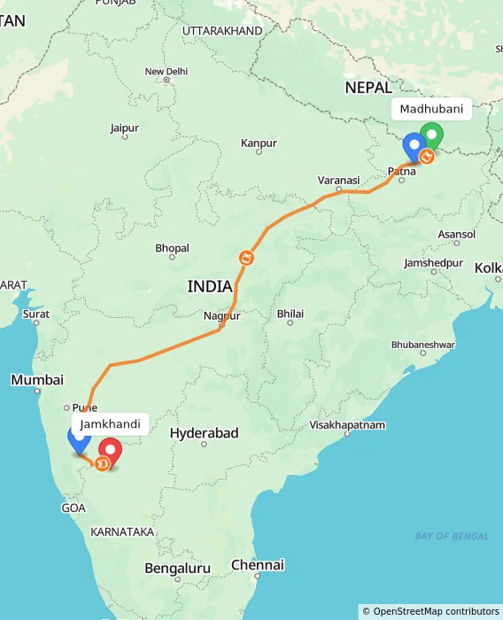 Route map showing distance and travel time from Madhubani, India to Jamkhandi, India