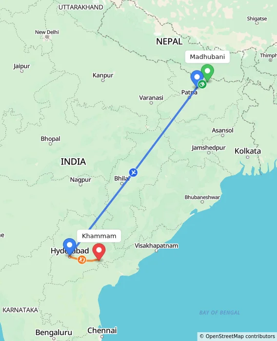 Route map showing distance and travel time from Madhubani, India to Khammam, India