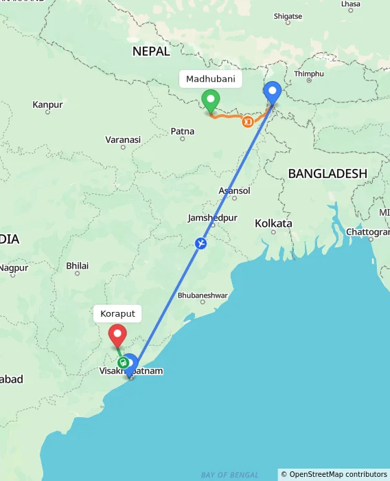 Route map showing distance and travel time from Madhubani, India to Koraput, India