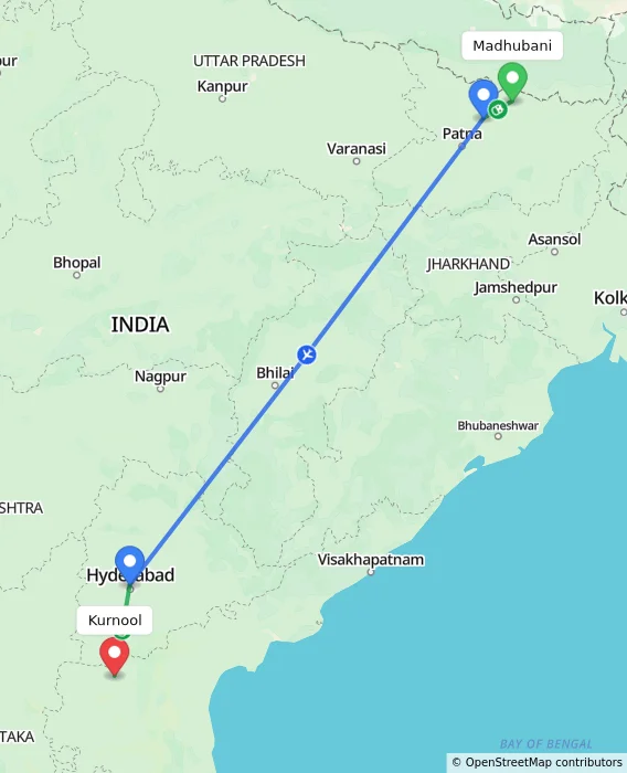 Route map showing distance and travel time from Madhubani, India to Kurnool, India