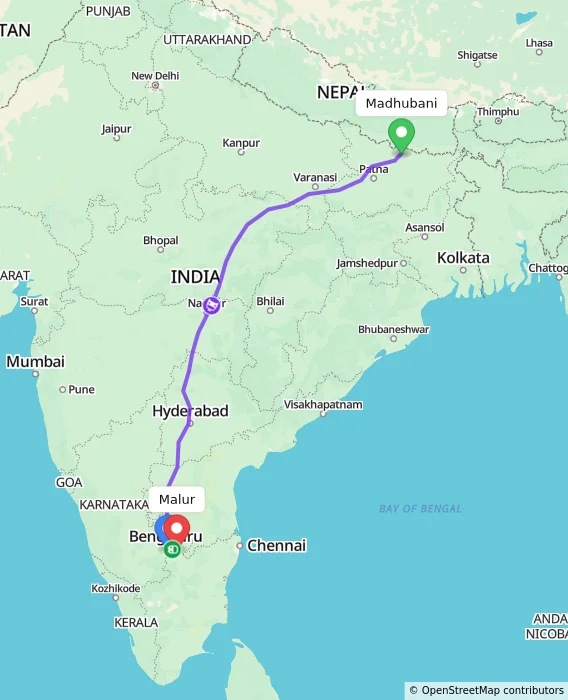 Route map showing distance and travel time from Madhubani, India to Malur, India