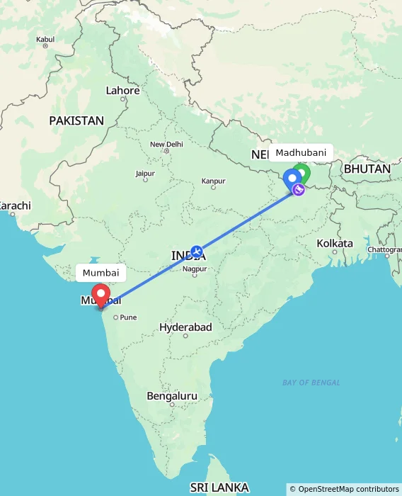 Route map showing distance and travel time from Madhubani, India to Mumbai, India