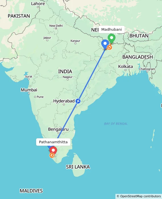 Route map showing distance and travel time from Madhubani, India to Pathanamthitta, India