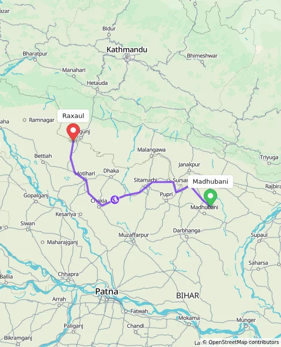 Route map showing distance and travel time from Madhubani, India to Raxaul, India
