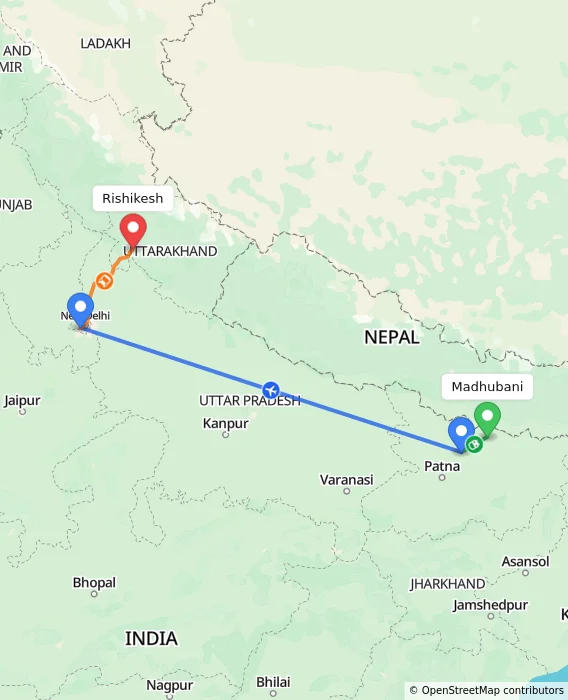 Route map showing distance and travel time from Madhubani, India to Rishikesh, India