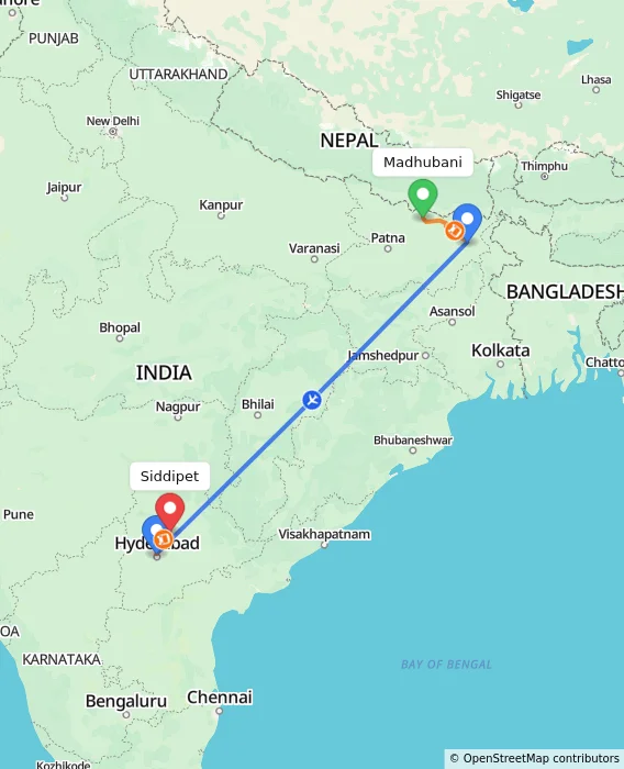Route map showing distance and travel time from Madhubani, India to Siddipet, India