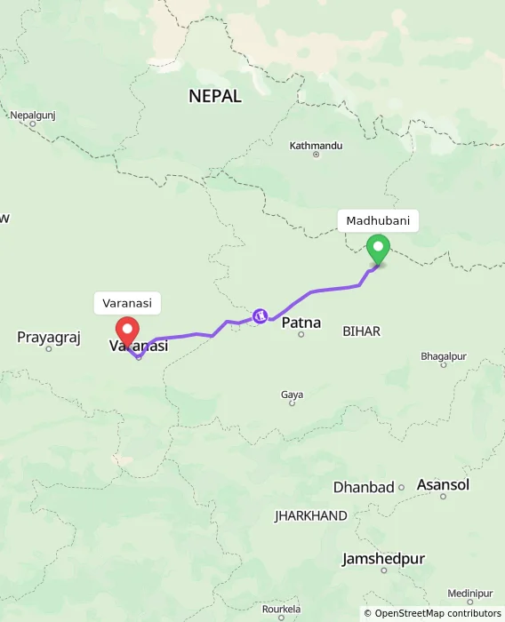 Route map showing distance and travel time from Madhubani, India to Varanasi, India