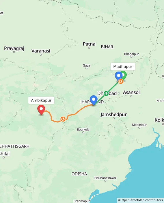 Route map showing distance and travel time from Madhupur, India to Ambikapur, India