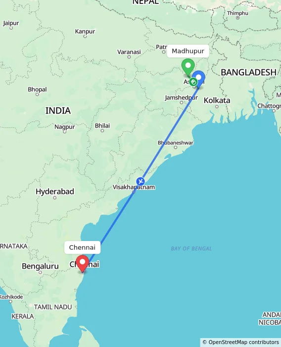 Route map showing distance and travel time from Madhupur, India to Chennai, India