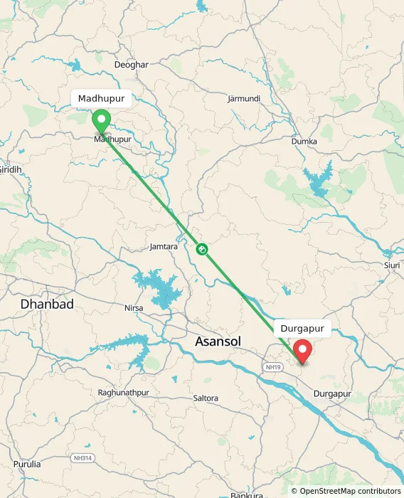 Route map showing distance and travel time from Madhupur, India to Durgapur, India