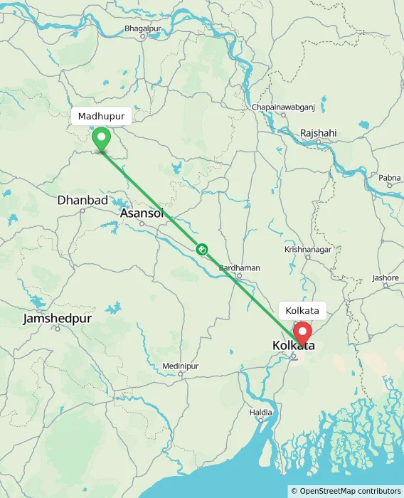 Route map showing distance and travel time from Madhupur, India to Kolkata, India