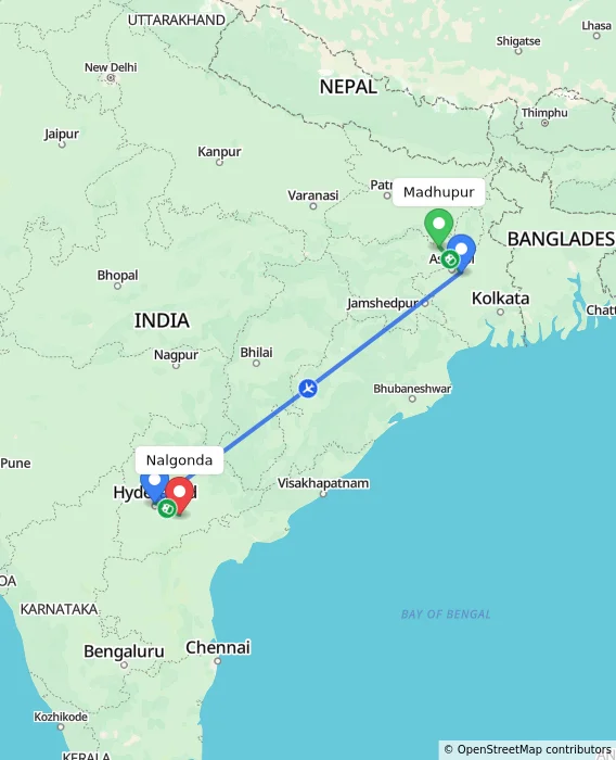 Route map showing distance and travel time from Madhupur, India to Nalgonda, India