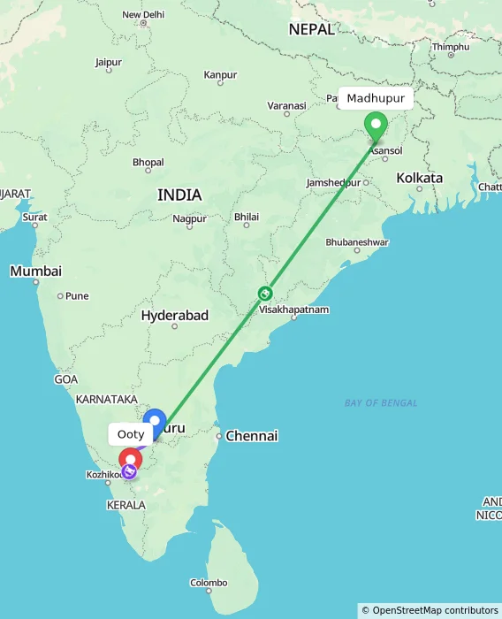 Route map showing distance and travel time from Madhupur, India to Ooty, India