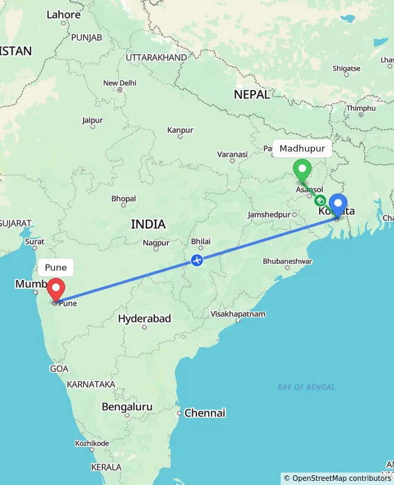 Route map showing distance and travel time from Madhupur, India to Pune, India
