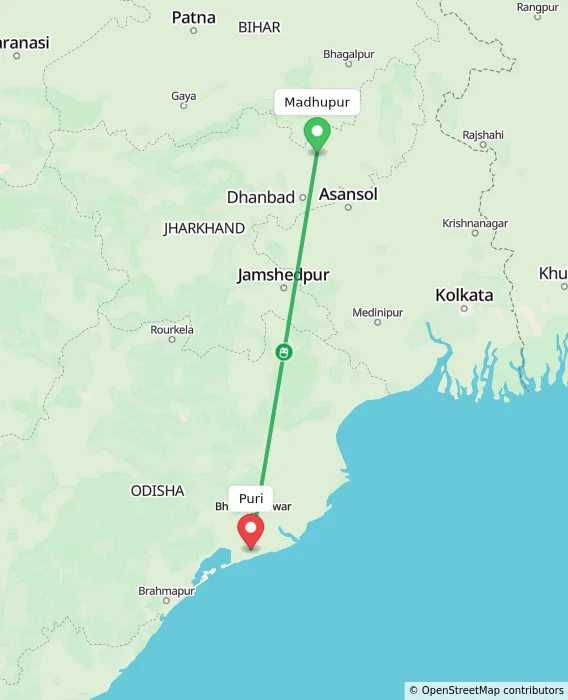 Route map showing distance and travel time from Madhupur, India to Puri, India