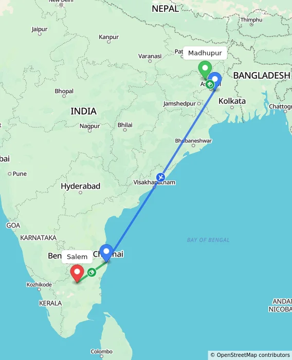 Route map showing distance and travel time from Madhupur, India to Salem, India