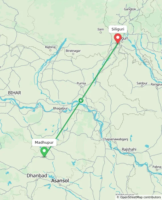 Route map showing distance and travel time from Madhupur, India to Siliguri, India