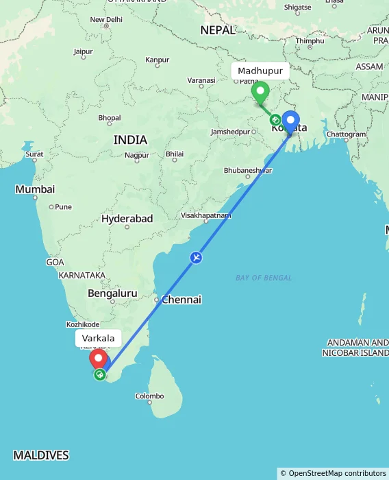 Route map showing distance and travel time from Madhupur, India to Varkala, India