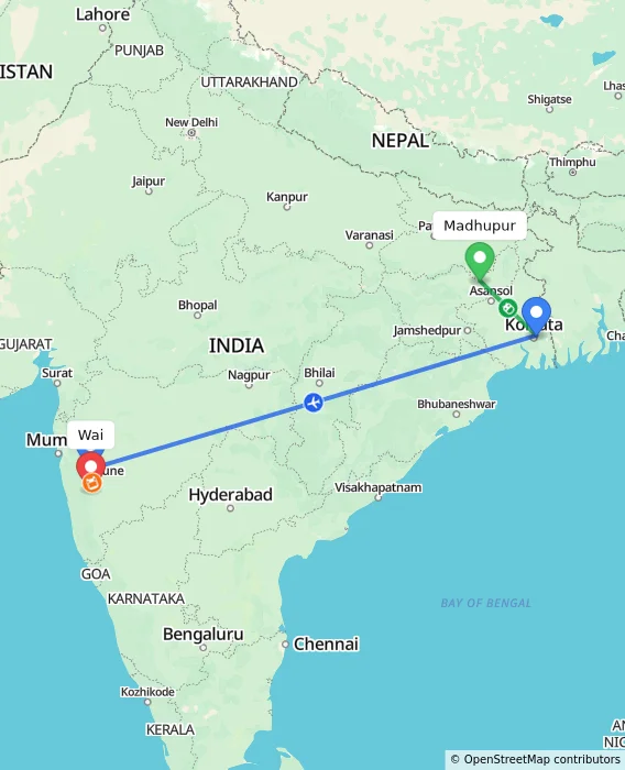 Route map showing distance and travel time from Madhupur, India to Wai, India