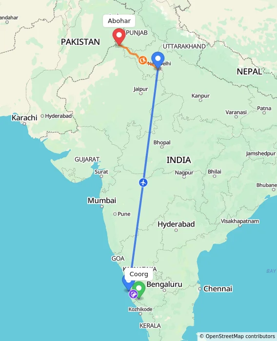 Route map showing distance and travel time from Madikeri, India to Abohar, India