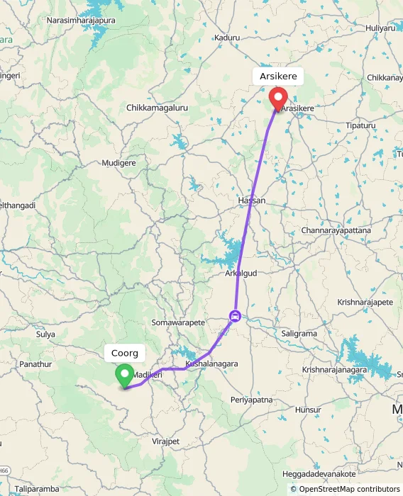 Route map showing distance and travel time from Madikeri, India to Arsikere, India