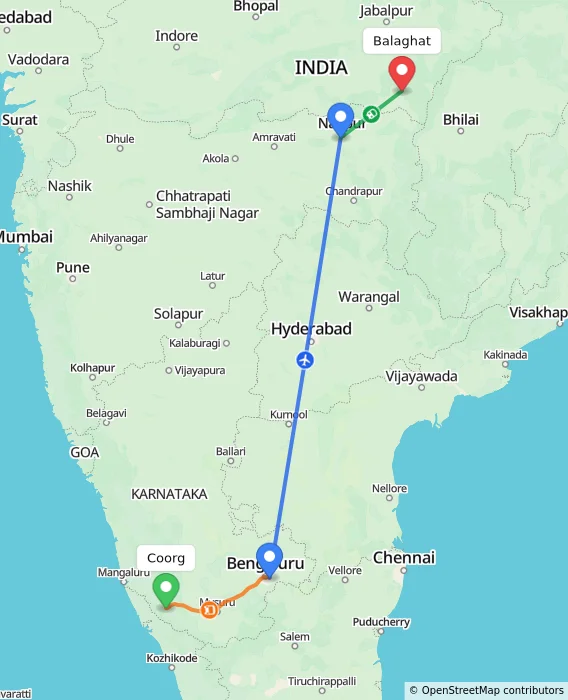Route map showing distance and travel time from Madikeri, India to Balaghat, India