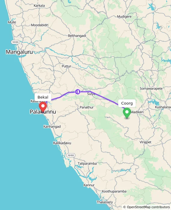 Route map showing distance and travel time from Madikeri, India to Bekal, India