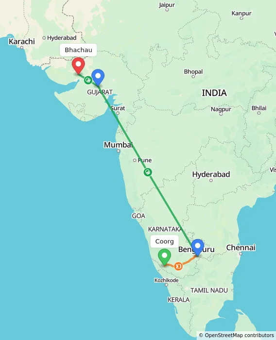 Route map showing distance and travel time from Madikeri, India to Bhachau, India