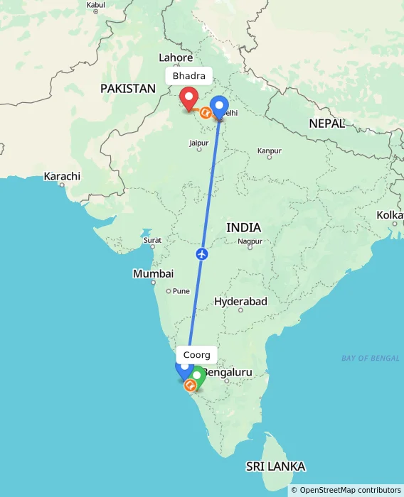 Route map showing distance and travel time from Madikeri, India to Bhadra, India