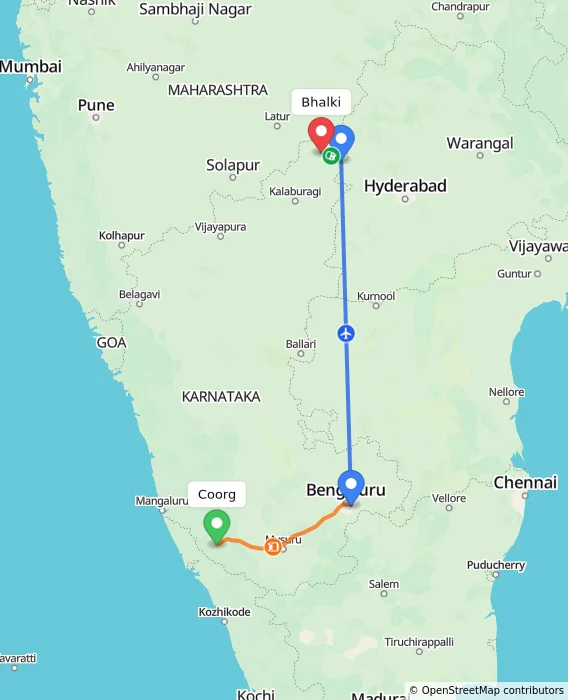 Route map showing distance and travel time from Madikeri, India to Bhalki, India
