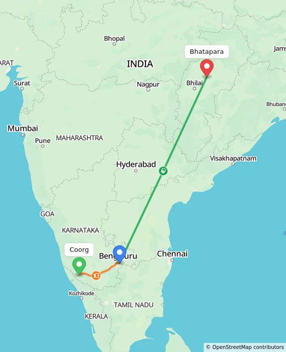 Route map showing distance and travel time from Madikeri, India to Bhatapara, India