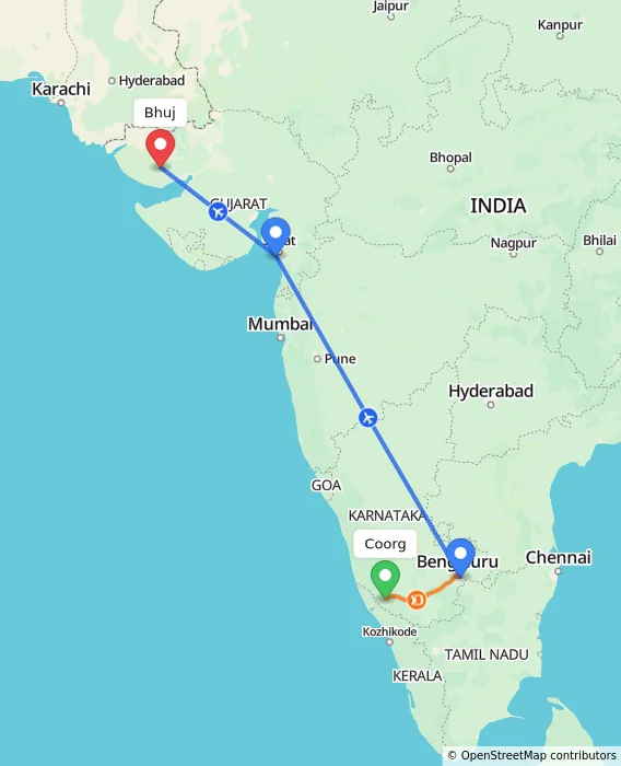 Route map showing distance and travel time from Madikeri, India to Bhuj, India