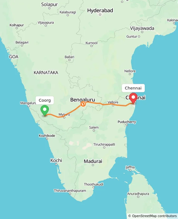 Route map showing distance and travel time from Madikeri, India to Chennai, India