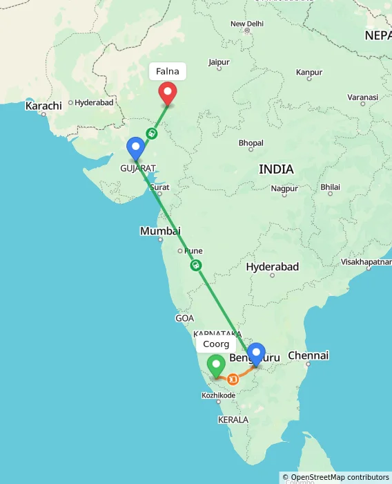 Route map showing distance and travel time from Madikeri, India to Falna, India