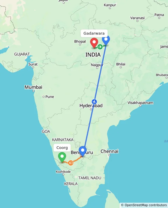 Route map showing distance and travel time from Madikeri, India to Gadarwara, India