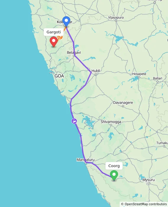 Route map showing distance and travel time from Madikeri, India to Gargoti, India