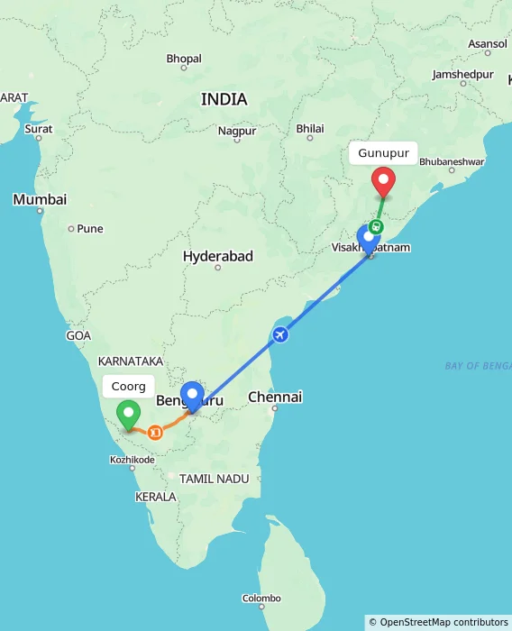 Route map showing distance and travel time from Madikeri, India to Gunupur, India