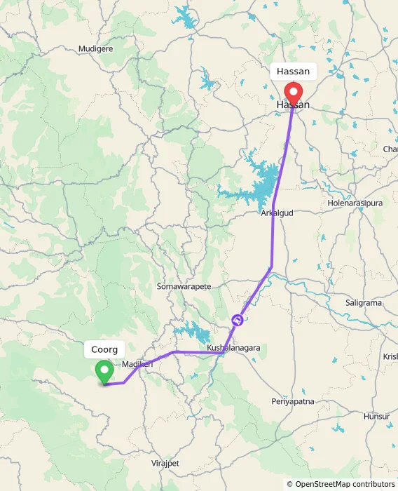 Route map showing distance and travel time from Madikeri, India to Hassan, India