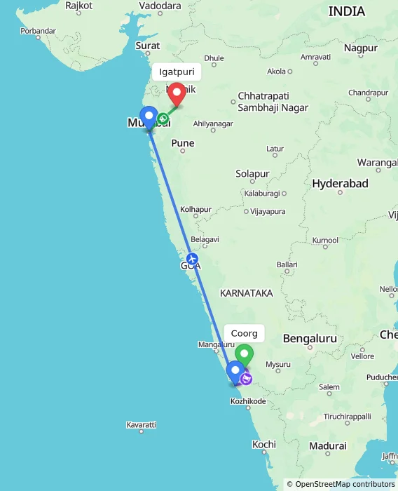 Route map showing distance and travel time from Madikeri, India to Igatpuri, India