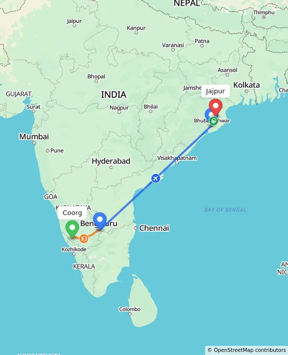 Route map showing distance and travel time from Madikeri, India to Jajpur, India