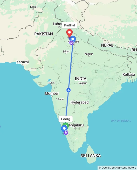 Route map showing distance and travel time from Madikeri, India to Kaithal, India